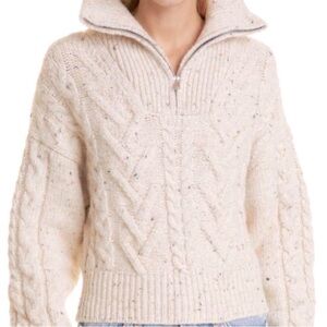 Ganni Cable Knit Half Zip Sweater Egret